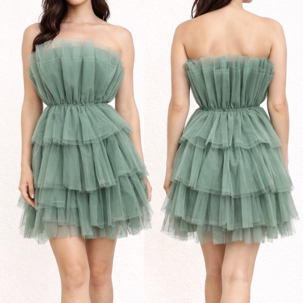 Hausen Sage Tulle Layered Strapless Mini Dress Size M